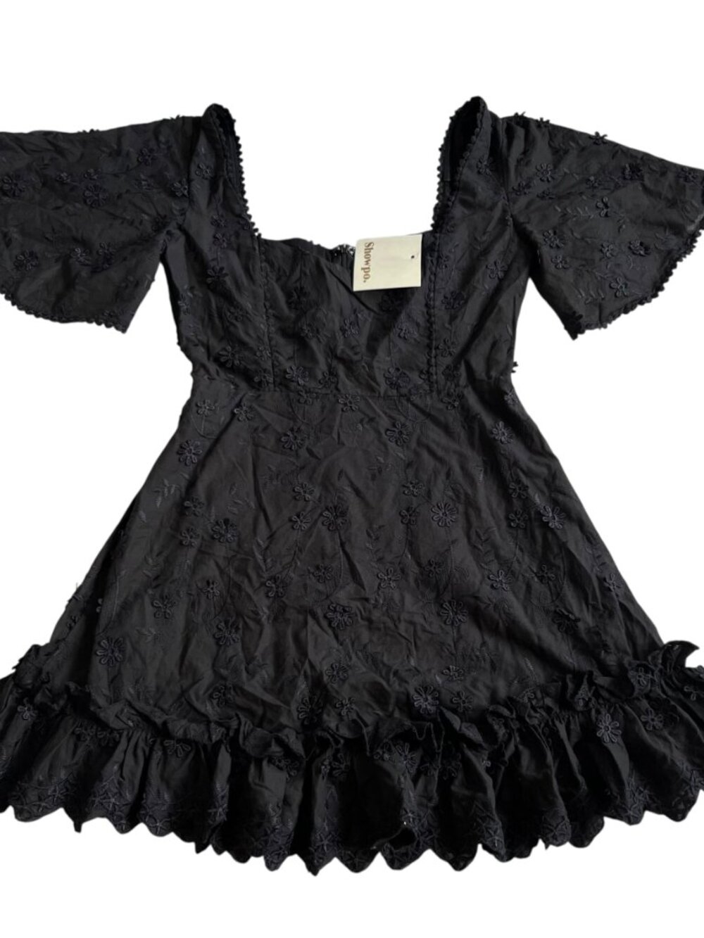 Showpo dress Fancy A Spritz Mini Square Neck Black Embroidery size 4 short